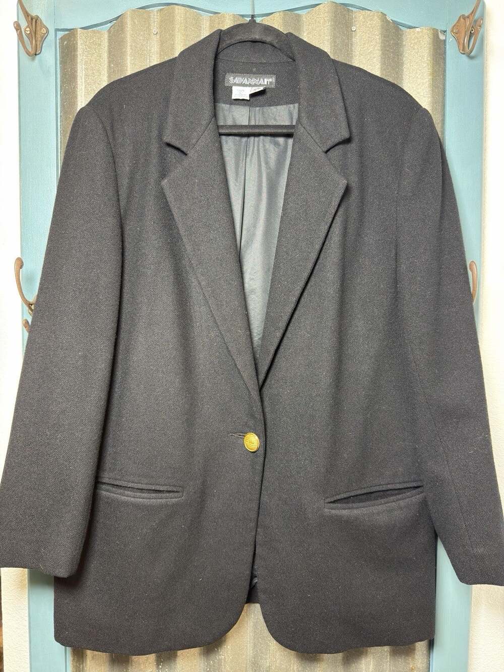 VTG Savannah Black Wool Blazer Jacket Womens 12 Gold Button Woolmark 90s Coat
